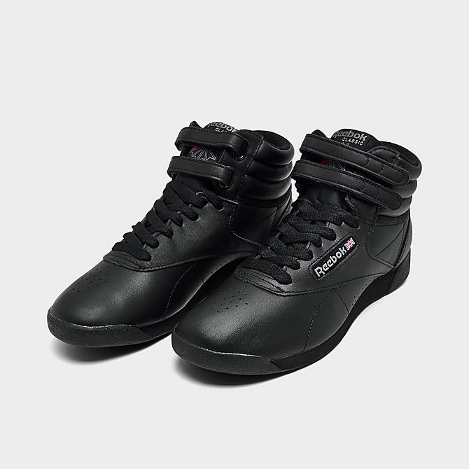 Three Quarter view of Women's Reebok Freestyle Hi Casual Shoes in Black Click to zoom