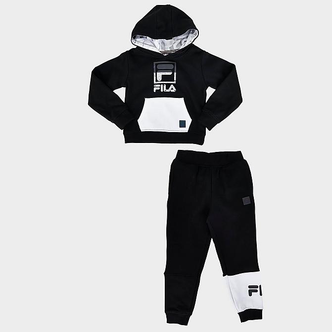 Front view of Kids' Toddler Fila Italia Pullover Hoodie and Jogger Pants Fleece Set in Black Click to zoom