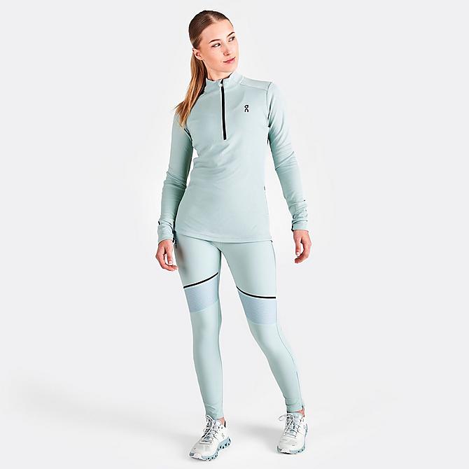 Front Three Quarter view of Women's On Climate Quarter-Zip Running Top in Sea Click to zoom