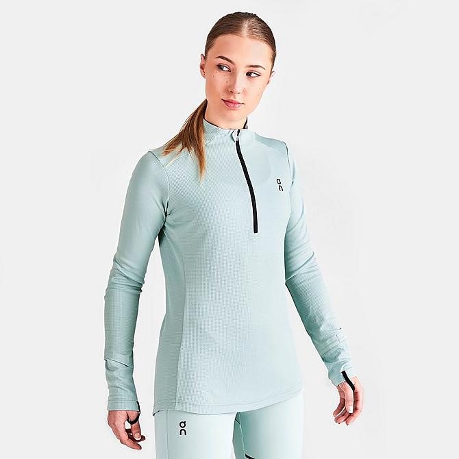 Back Left view of Women's On Climate Quarter-Zip Running Top in Sea Click to zoom
