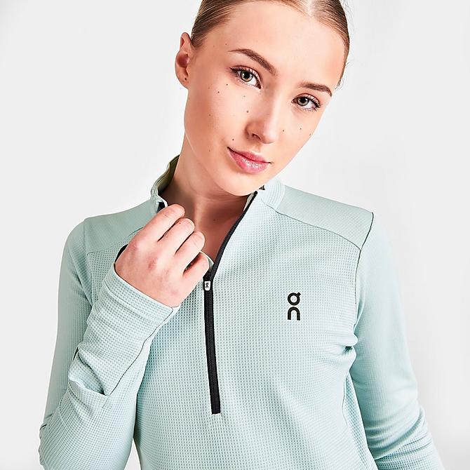 On Model 5 view of Women's On Climate Quarter-Zip Running Top in Sea Click to zoom