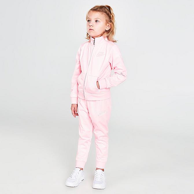 [angle] view of Girls' Toddler Nike Debossed Futura Tricot Track Jacket and Joggers Set in Arctic Punch Click to zoom