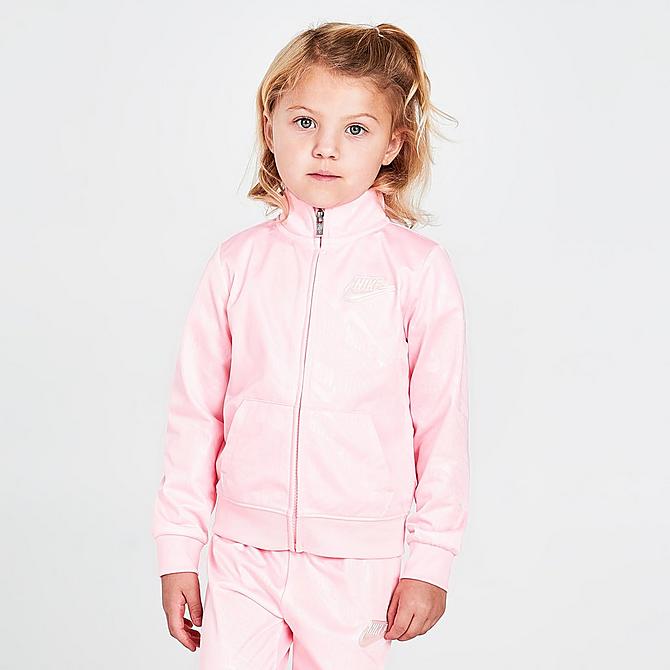[angle] view of Girls' Toddler Nike Debossed Futura Tricot Track Jacket and Joggers Set in Arctic Punch Click to zoom