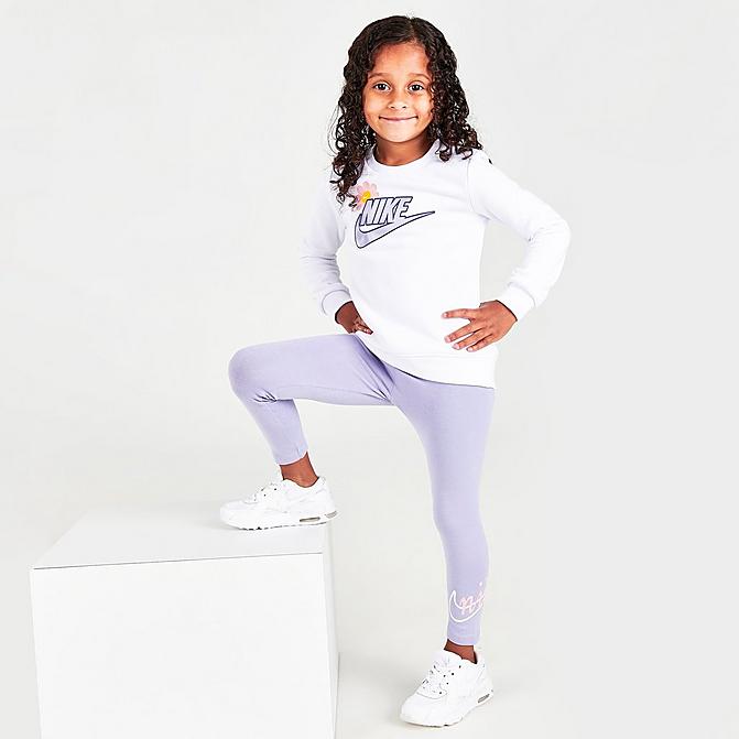 Front view of Girls' Toddler Nike Flower Child Crewneck Sweatshirt and Leggings Set in Purple Dawn Click to zoom