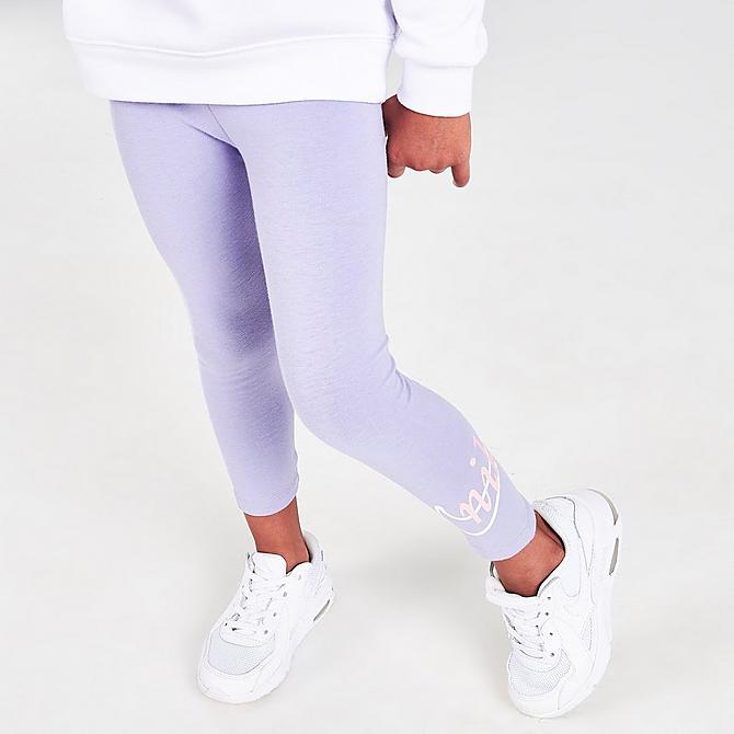 Front view of Girls' Toddler Nike Flower Child Crewneck Sweatshirt and Leggings Set in Purple Dawn Click to zoom