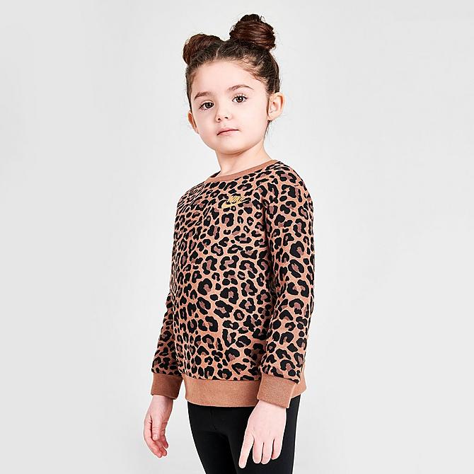 [angle] view of Girls' Toddler Nike Sportswear Leopard Crewneck Sweatshirt and Leggings Set in Black/Metallic Gold Click to zoom
