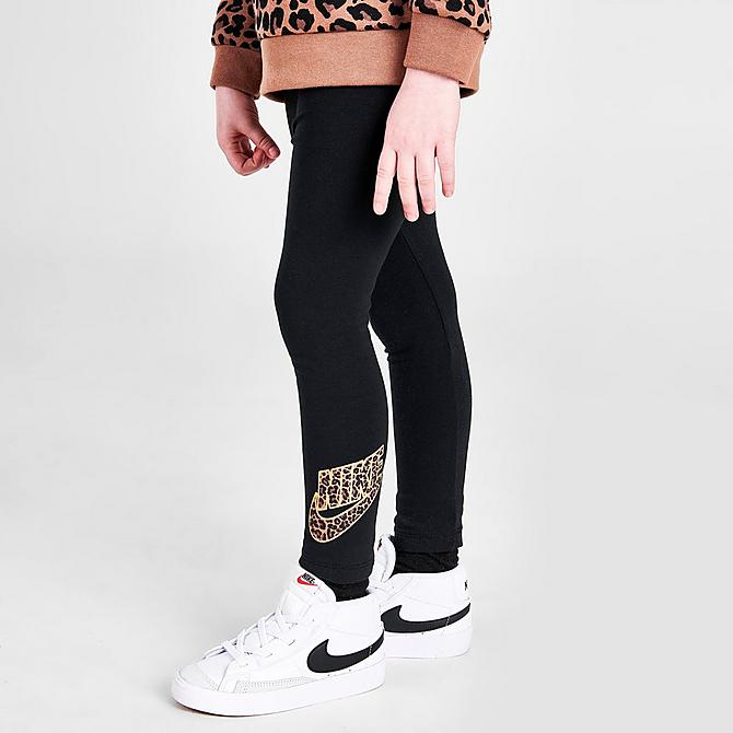 [angle] view of Girls' Toddler Nike Sportswear Leopard Crewneck Sweatshirt and Leggings Set in Black/Metallic Gold Click to zoom
