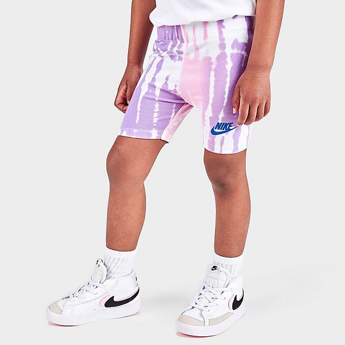 [angle] view of Girls' Toddler Nike Sportswear Tie-Dye Bike Shorts in Arctic Punch/Hyper Royal Click to zoom