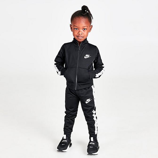 [angle] view of Girls' Toddler Nike Swoosh Love Tricot Track Jacket and Jogger Pants Set in Black/White Click to zoom