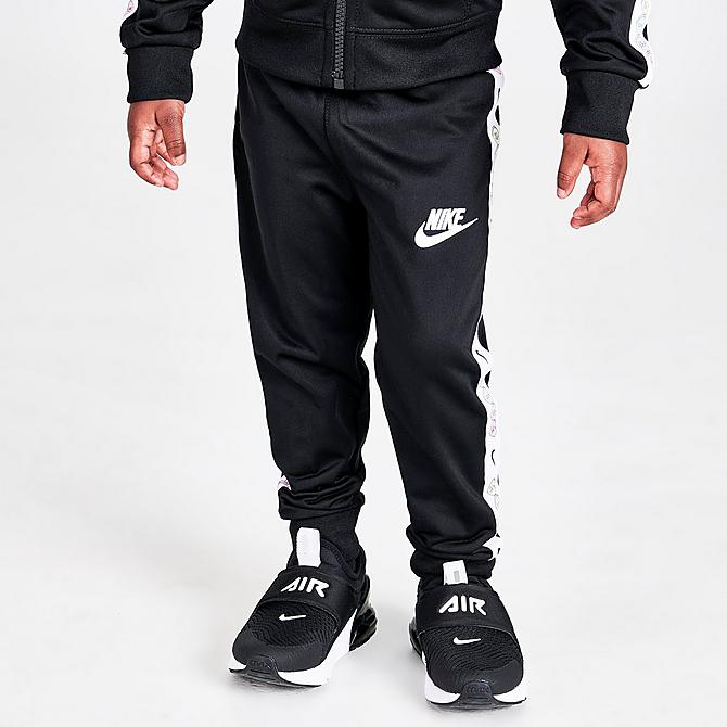 [angle] view of Girls' Toddler Nike Swoosh Love Tricot Track Jacket and Jogger Pants Set in Black/White Click to zoom