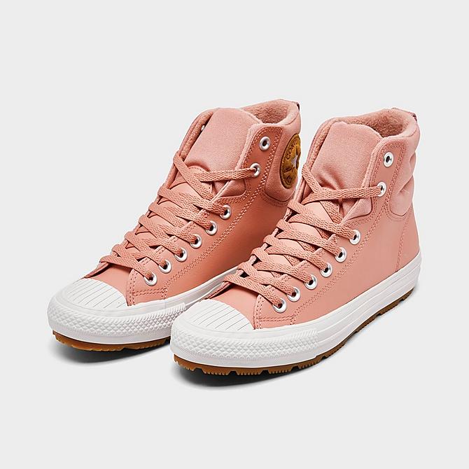 Three Quarter view of Girls' Big Kids' Converse Chuck Taylor All Star Berkshire Leather High Top Casual Boots in Rust Pink/Rust Pink/Pale Putty Click to zoom
