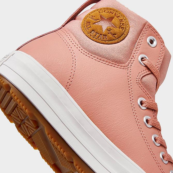 Front view of Girls' Big Kids' Converse Chuck Taylor All Star Berkshire Leather High Top Casual Boots in Rust Pink/Rust Pink/Pale Putty Click to zoom