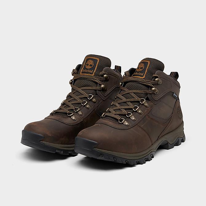 Three Quarter view of Men's Timberland Mt. Maddsen Mid Waterproof Hiking Boots in Dark Brown Click to zoom