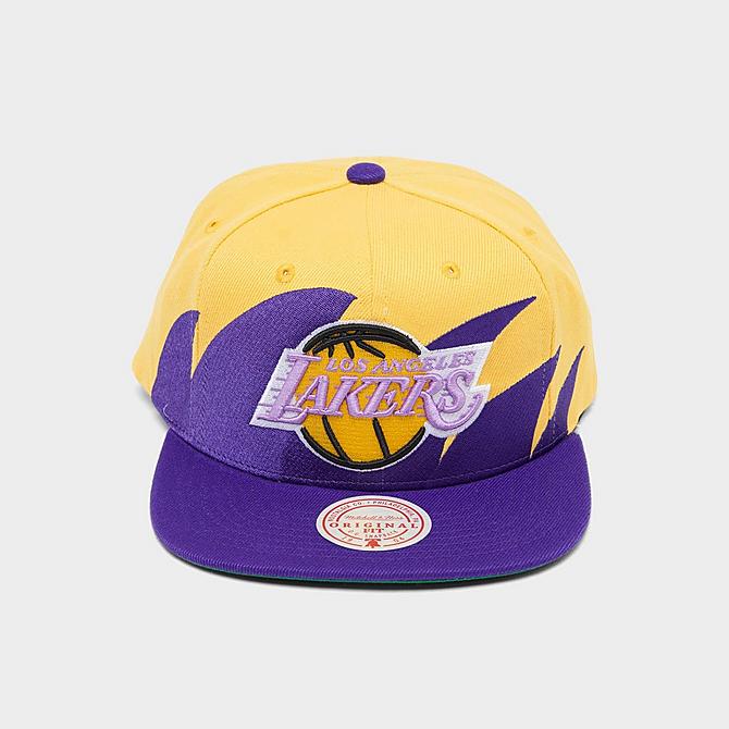 Three Quarter view of Mitchell & Ness Los Angeles Lakers NBA Hardwood Classics Snapback Hat in Yellow Click to zoom