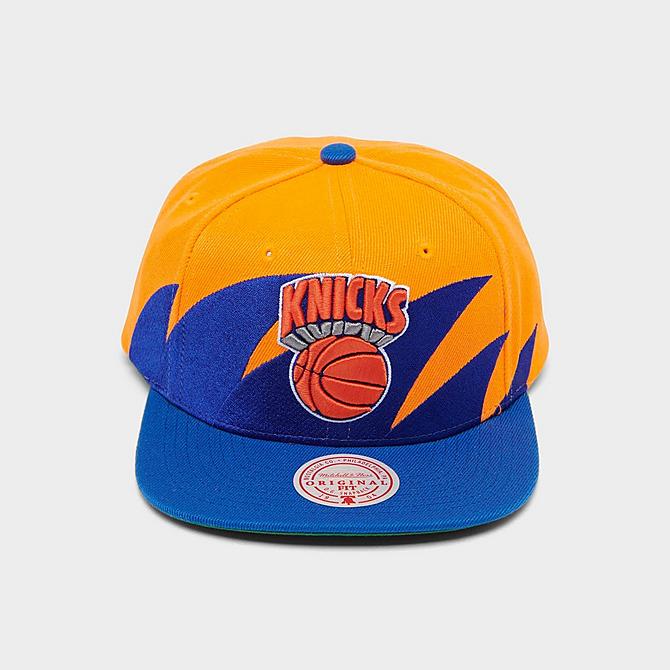 Three Quarter view of Mitchell & Ness New York Knicks NBA Hardwood Classics Snapback Hat in Royal Click to zoom