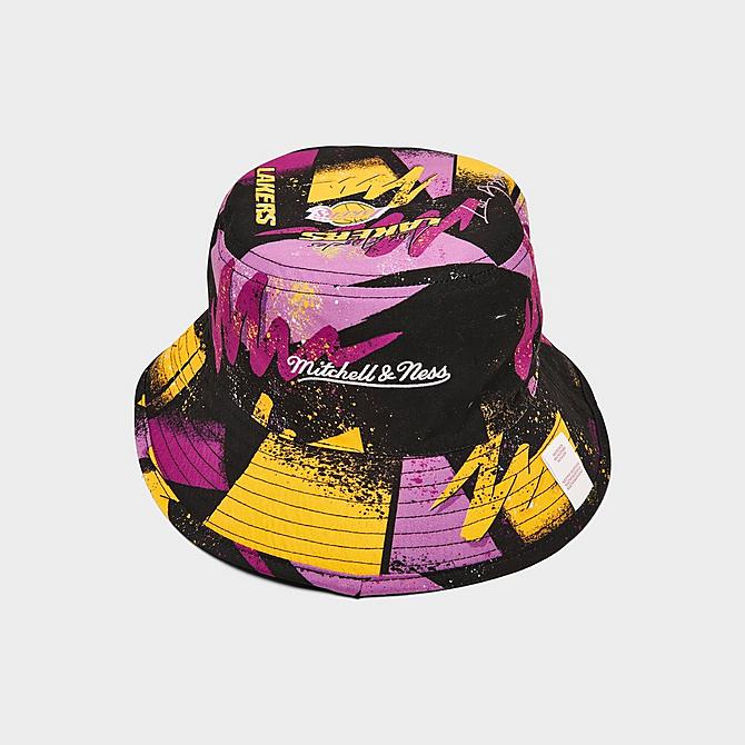 Three Quarter view of Mitchell & Ness Los Angeles Lakers Hyperhoops Bucket Hat in Black/Purple/Yellow Click to zoom