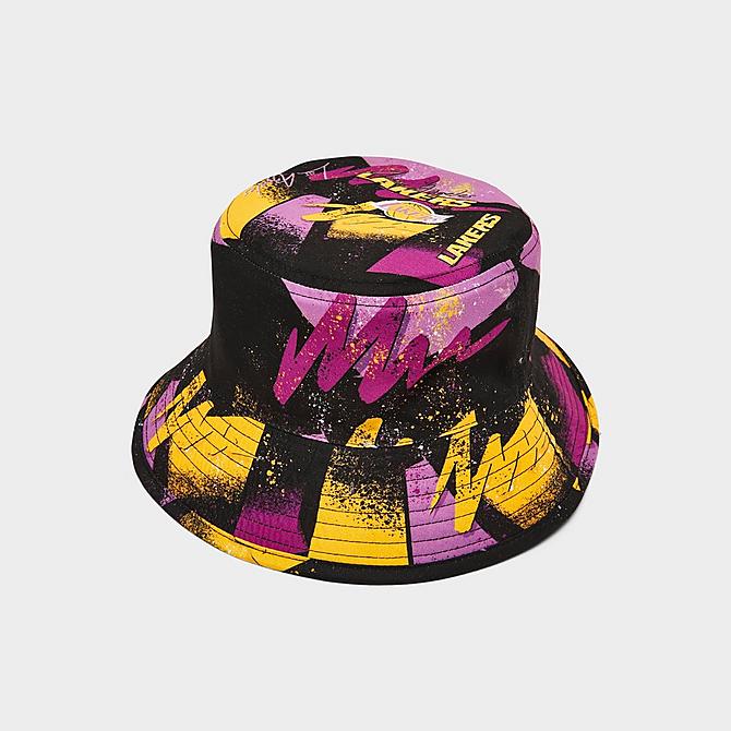 Left view of Mitchell & Ness Los Angeles Lakers Hyperhoops Bucket Hat in Black/Purple/Yellow Click to zoom
