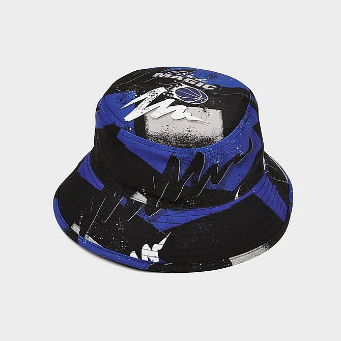 Three Quarter view of Mitchell & Ness Orlando Magic Hyperhoops Bucket Hat in Black/Blue/Grey/White Click to zoom