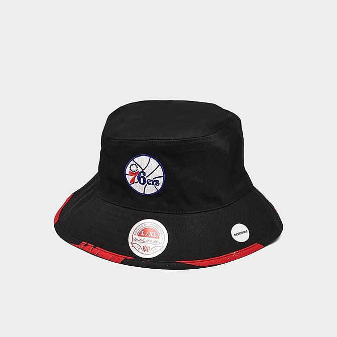 Right view of Mitchell & Ness Philadelphia 76ers Hyperhoops Bucket Hat in Black/Red/Blue Click to zoom