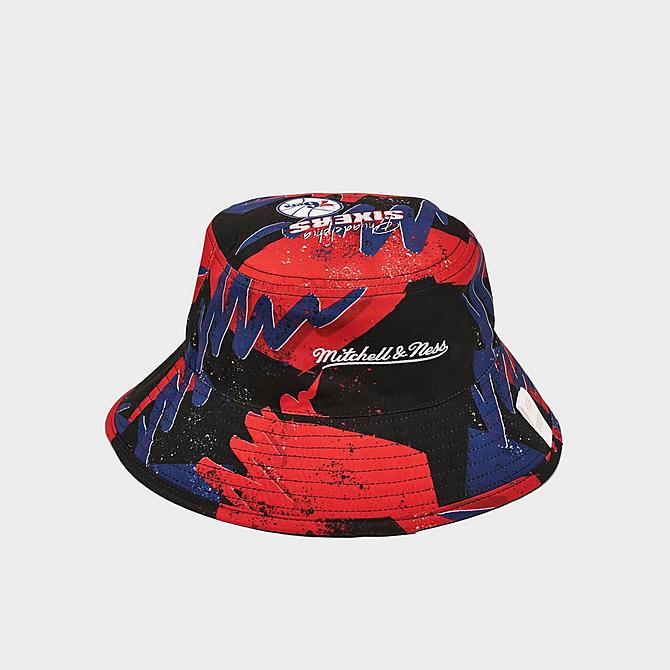 Left view of Mitchell & Ness Philadelphia 76ers Hyperhoops Bucket Hat in Black/Red/Blue Click to zoom