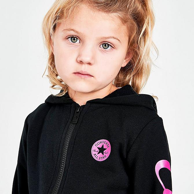 [angle] view of Girls' Toddler Converse Full-Zip Hoodie and Jogger Pants Set in Black/Pink Click to zoom