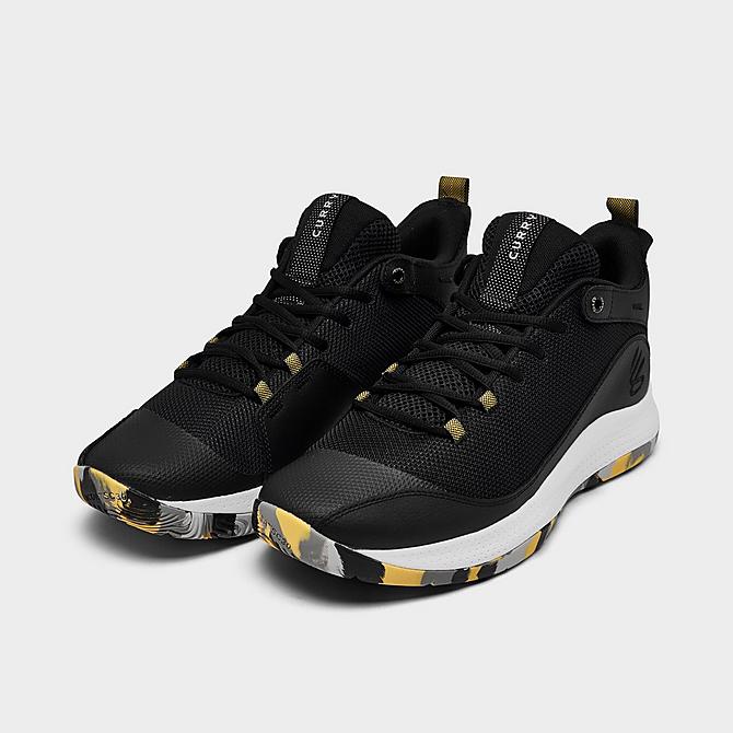 Three Quarter view of Under Armour Curry 3Z5 Basketball Shoes in Black/White/Yellow/Grey Click to zoom