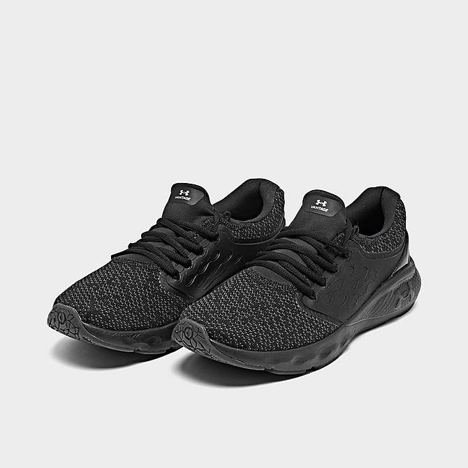 Three Quarter view of Women's Under Armour Charged Vantage Knit Running Shoes in Black/Black/Black Click to zoom