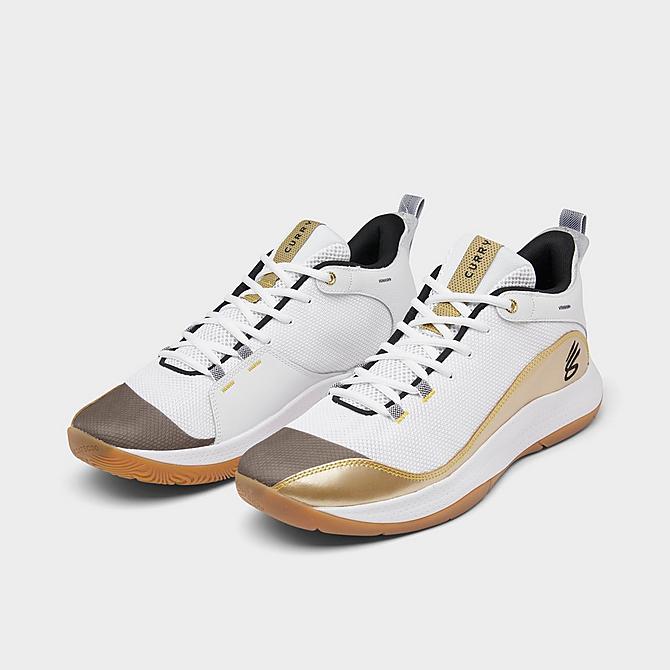 Three Quarter view of Under Armour 3Z5 Basketball Shoes in White/Metallic Gold Click to zoom