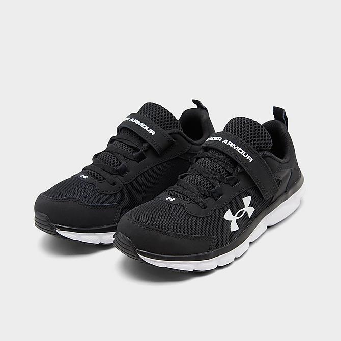 Three Quarter view of Boys' Little Kids' Under Armour Assert 9 Running Shoes (Wide Width) in Black/White Click to zoom