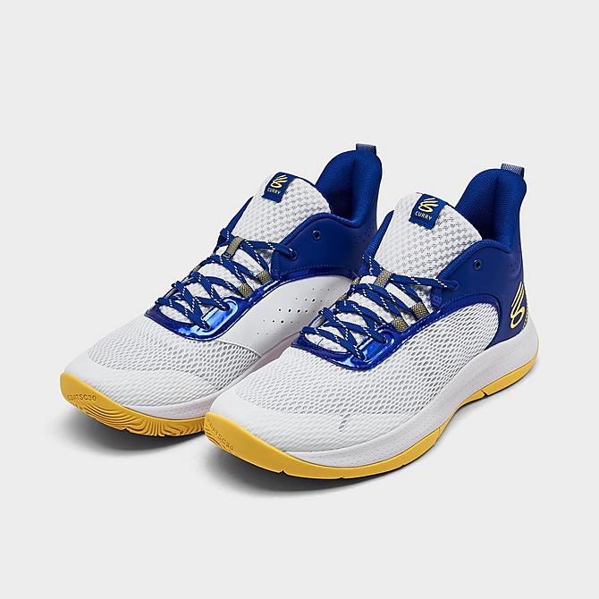 Three Quarter view of Under Armour 3Z6 Basketball Shoes in White/Royal/Taxi Click to zoom