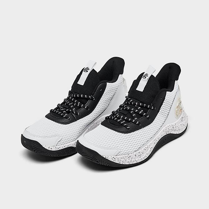 Three Quarter view of Big Kids' Under Armour Curry 3Z7 Basketball Shoes in White/Black Click to zoom