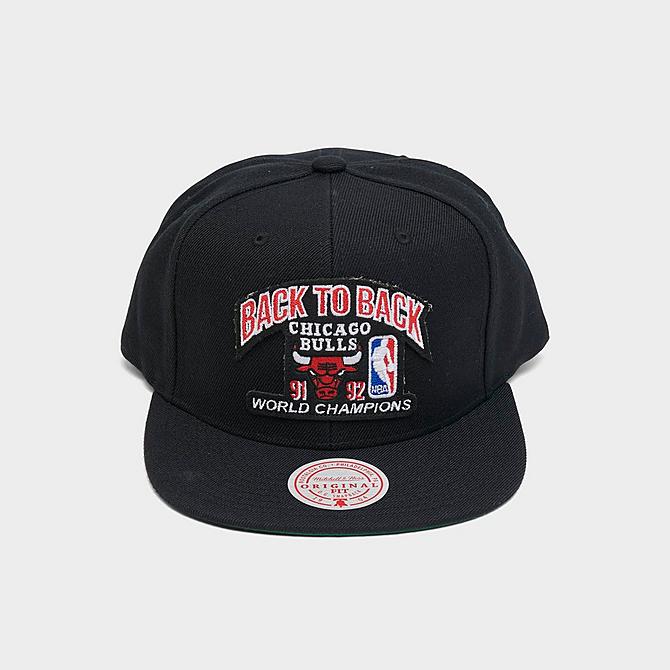 Three Quarter view of Mitchell & Ness NBA Chicago Bulls 1991-92 Back To Back Champs Snapback Hat in Black Click to zoom