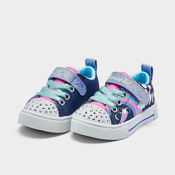 Three Quarter view of Girls' Toddler Skechers Twinkle Sparks - Unicorn Charmed Casual Shoes in Navy/Multi Click to zoom