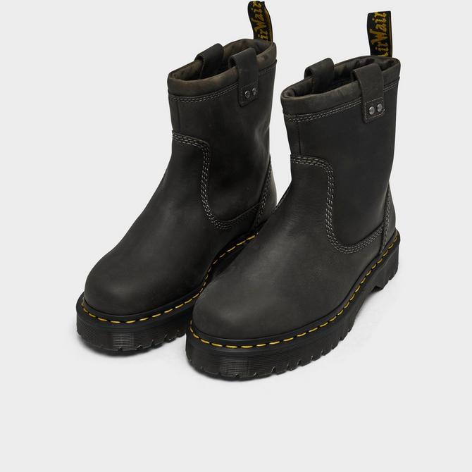 Three Quarter view of Women's Dr. Martens Anistone Low Leather Biker Boots in Black Click to zoom