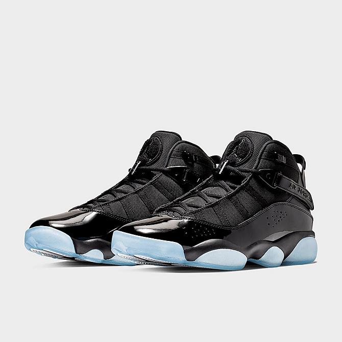 Three Quarter view of Men's Air Jordan 6 Rings Basketball Shoes in Black/White/Black Click to zoom