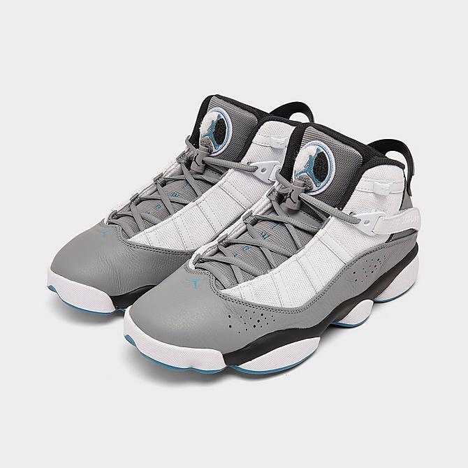 Three Quarter view of Men's Air Jordan 6 Rings Basketball Shoes in Cool Grey/University Blue Click to zoom