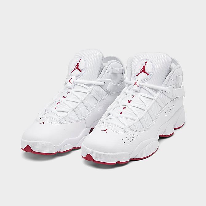 Three Quarter view of Big Kids' Jordan 6 Rings Basketball Shoes in White/Mystic Hibiscus/Pure Platinum Click to zoom