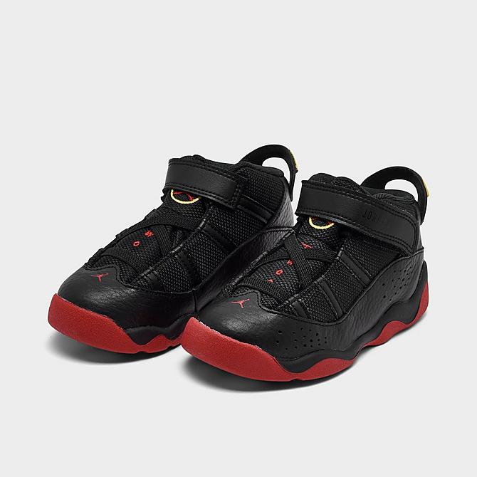 Three Quarter view of Kids' Toddler Air Jordan 6 Rings Basketball Shoes in Black/University Red/White/Yellow Strike Click to zoom
