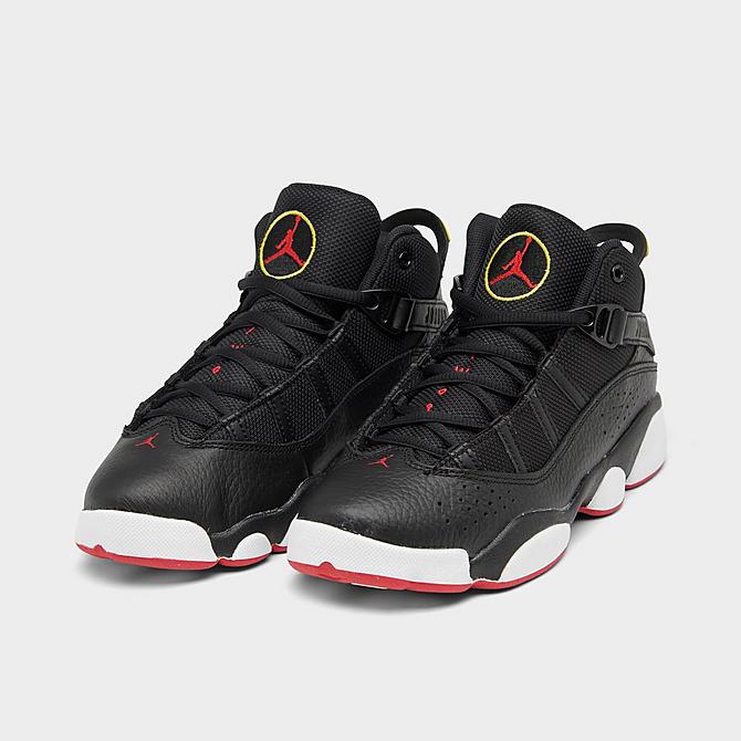 Three Quarter view of Little Kids' Air Jordan 6 Rings Basketball Shoes in Black/University Red/White/Yellow Strike Click to zoom