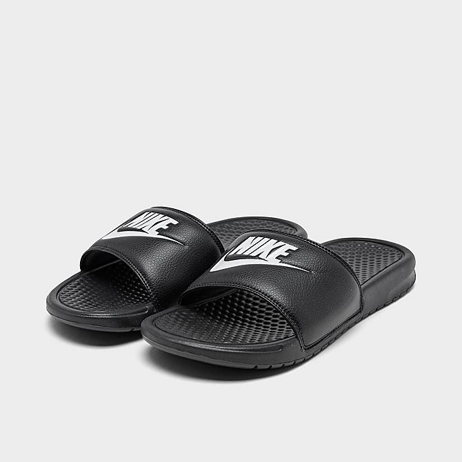 Three Quarter view of Men's Nike Benassi JDI Slide Sandals in Black/White Click to zoom