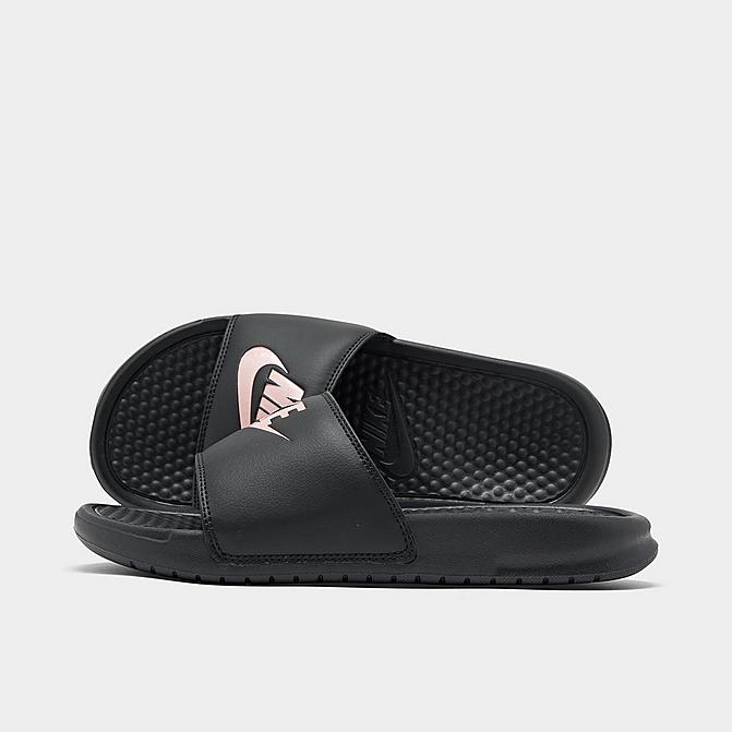 Right view of Women's Nike Benassi JDI Swoosh Slide Sandals in Black/Rose Gold Click to zoom