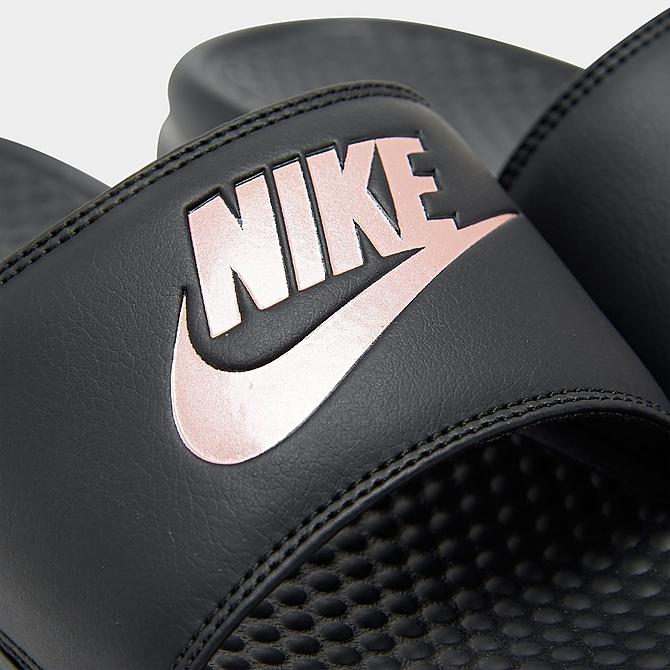 Front view of Women's Nike Benassi JDI Swoosh Slide Sandals in Black/Rose Gold Click to zoom