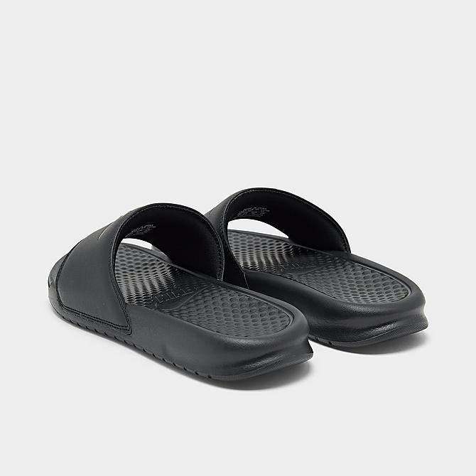 Left view of Women's Nike Benassi JDI Swoosh Slide Sandals in Black/Rose Gold Click to zoom