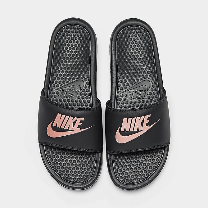 Back view of Women's Nike Benassi JDI Swoosh Slide Sandals in Black/Rose Gold Click to zoom