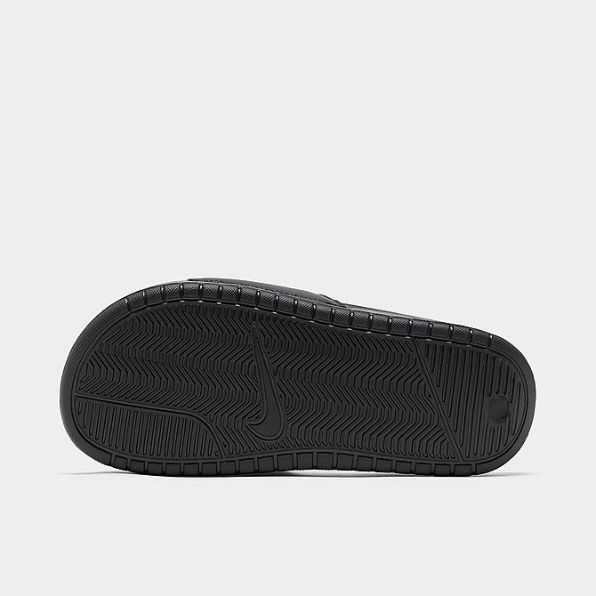 Bottom view of Women's Nike Benassi JDI Swoosh Slide Sandals in Black/Rose Gold Click to zoom