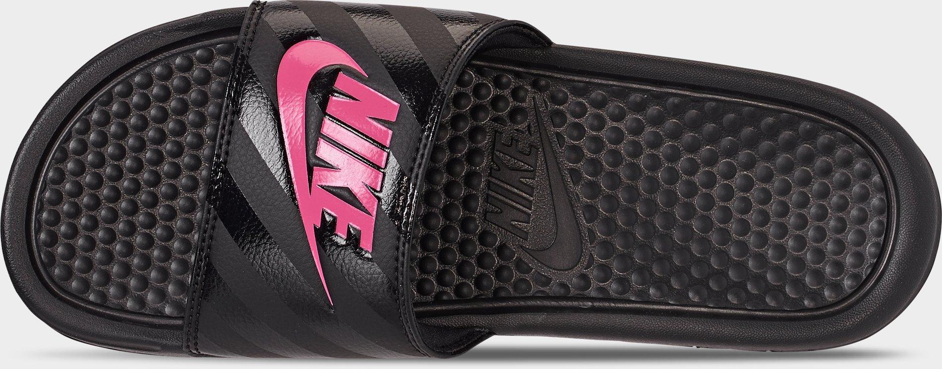 black and pink nike slides