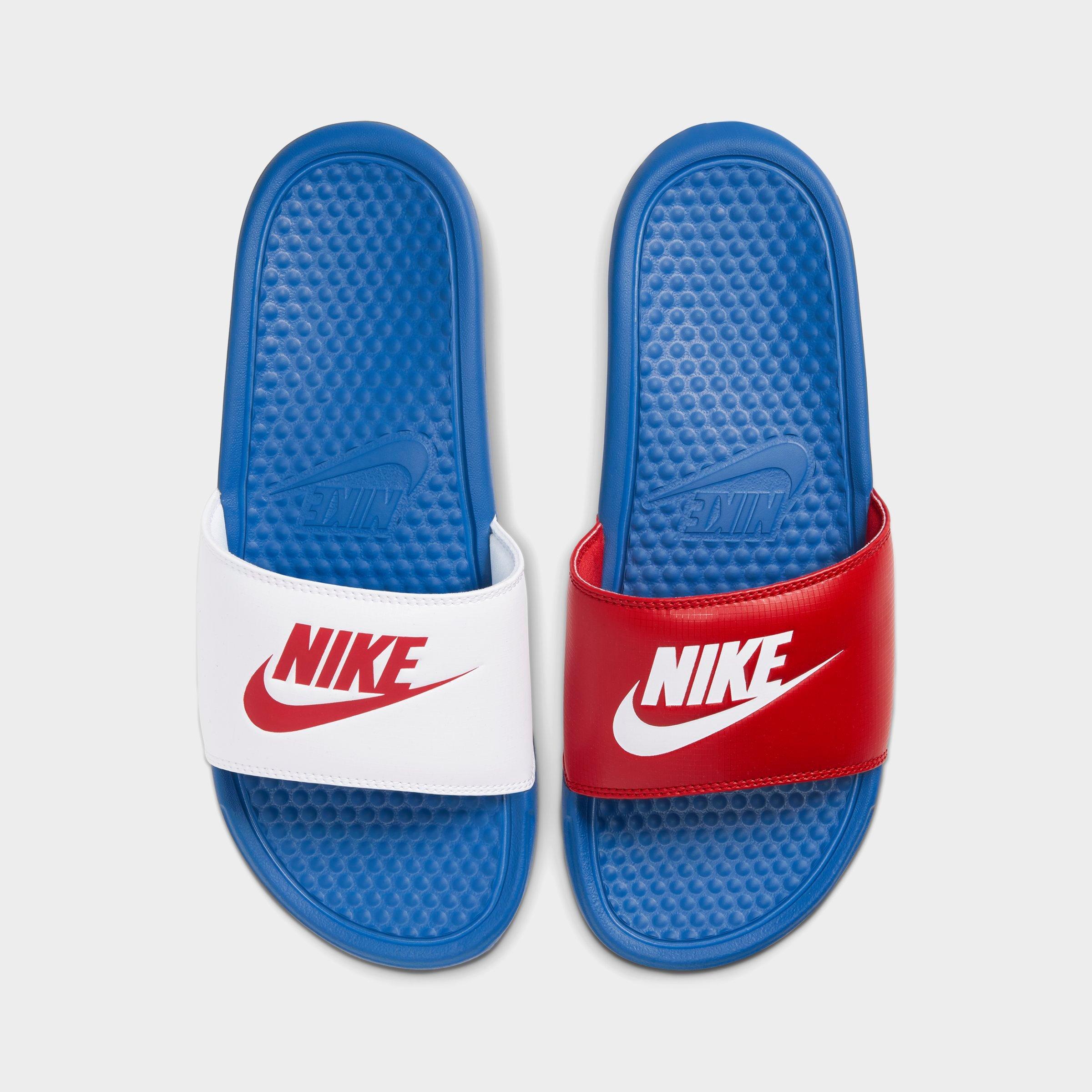 blue and red nike slides