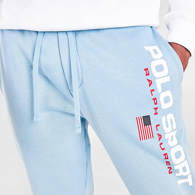 On Model 5 view of Men's Ralph Lauren Polo Sport Fleece Jogger Pants in Blue Note Click to zoom