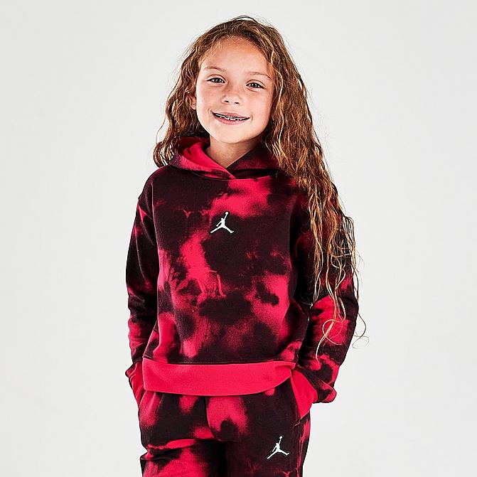 [angle] view of Girls' Little Kids' Jordan Essentials Print Pullover Hoodie in Very Berry Click to zoom