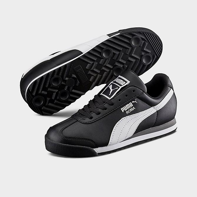 Three Quarter view of Little Kids' Puma Roma Casual Shoes in Puma Black/Puma White/Puma Silver Click to zoom